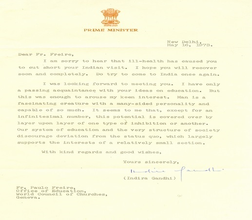 Carta de Indira Gandhi a Paulo Freire.