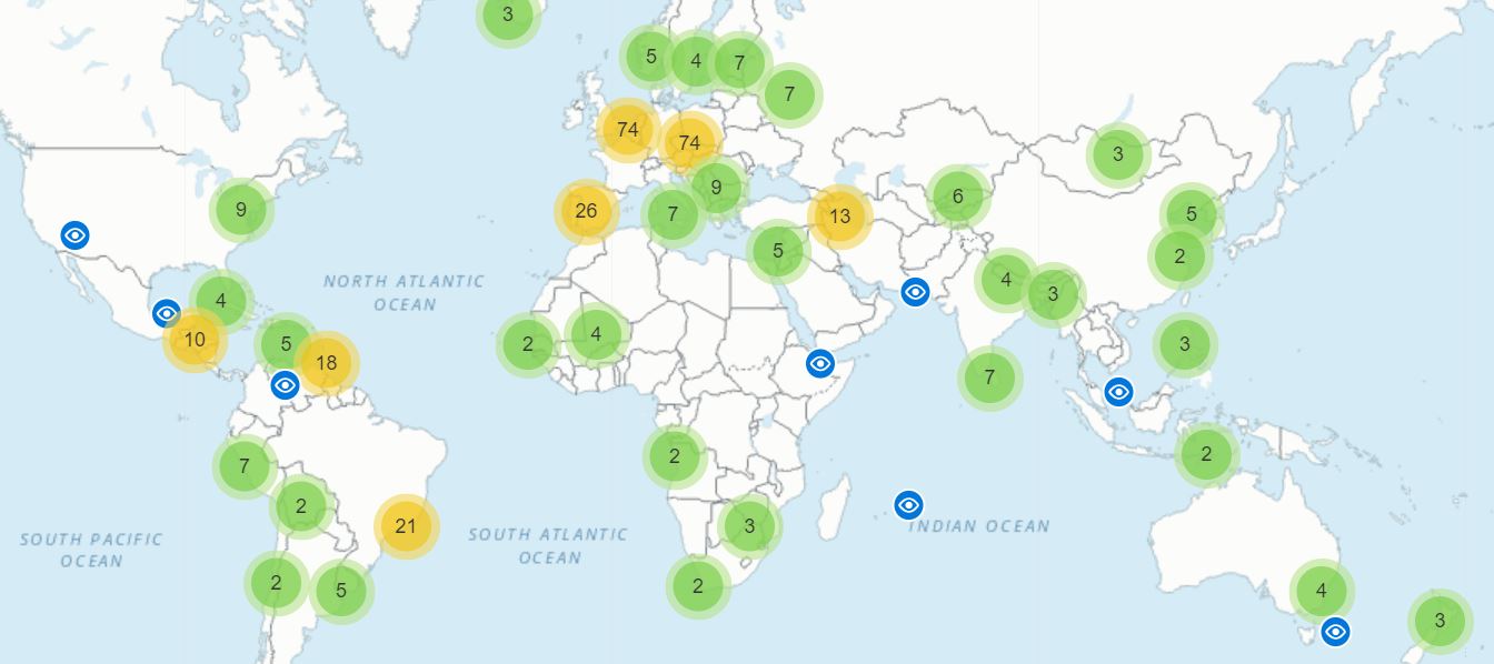 Mapa de geolocalização dos acervos documentais inscritos no registro MoW Internacional
